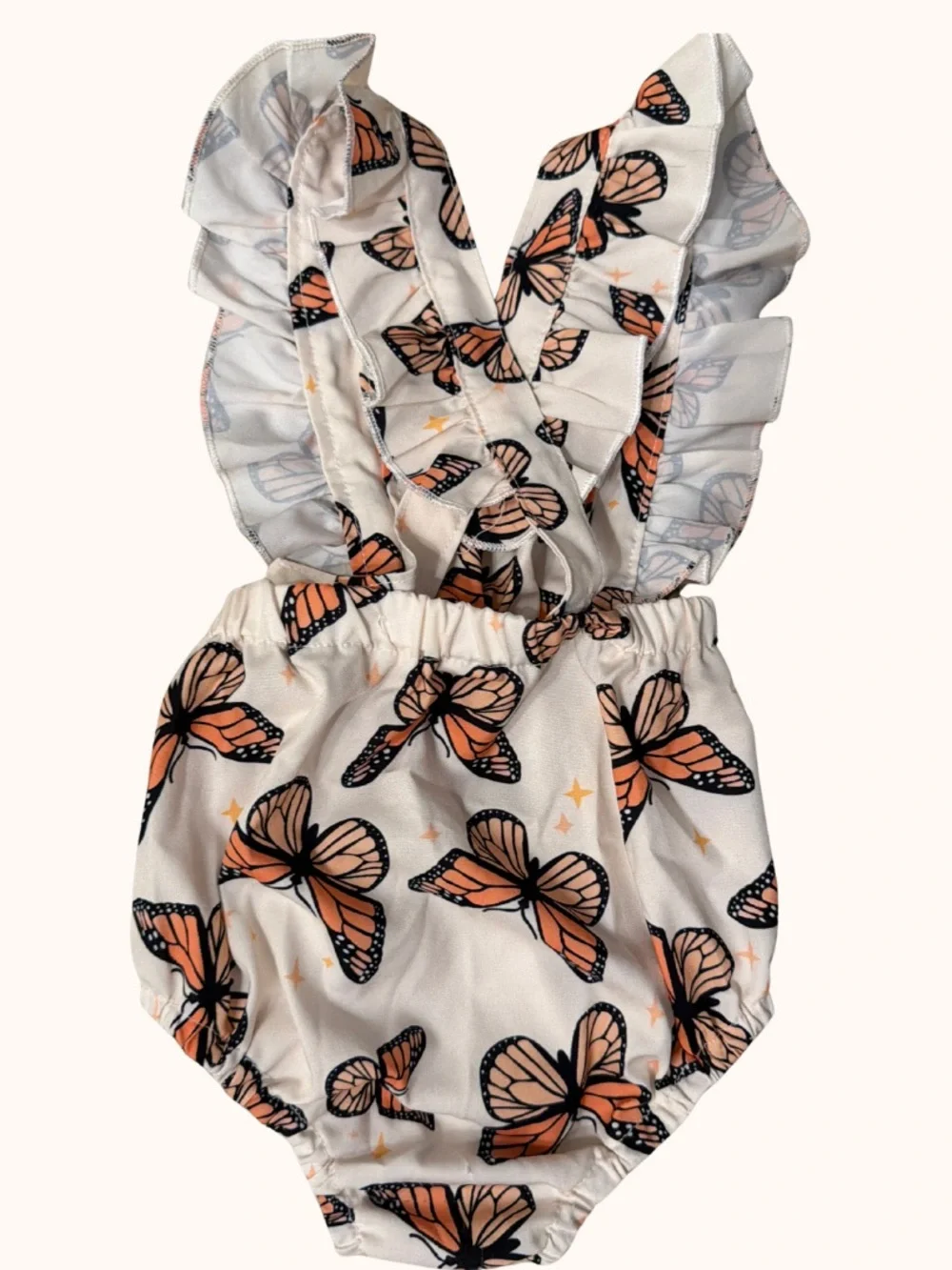 Cream & Orange Butterfly Ruffle-Strap Baby Romper